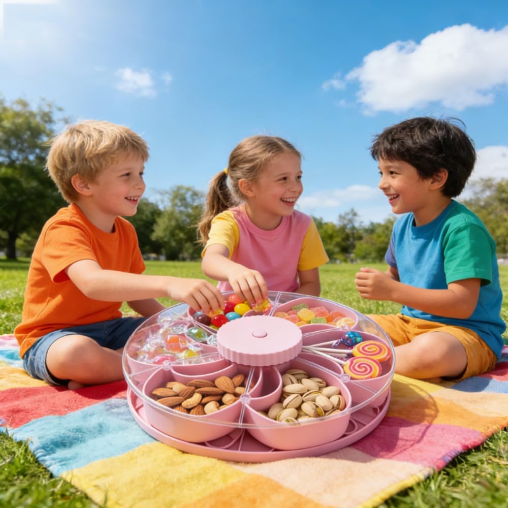 Divided Spin and Snack Serving Tray, Divided Serving Tray That Spins, Portable Travel Snackle Box with Rotating Cover, Multi-compartment Rotating Food Organizer, Spin-to-Open (A#)