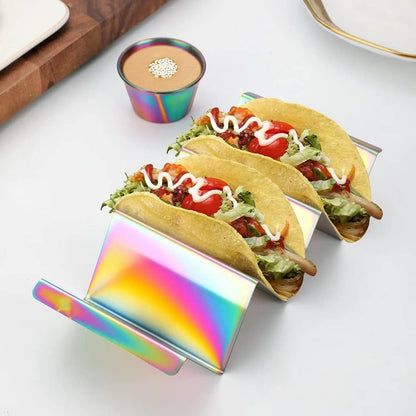 Gold Taco Holder Stand with Handles for Party, Set of 6 Stainless Steel Taco Tray, Rack Holds Up to 3 Tacos Each Stackable storage, Dishwasher Oven safe