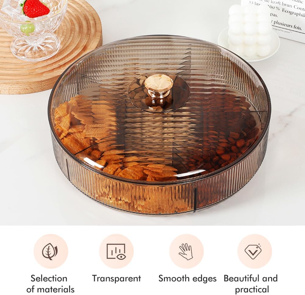 Divided Clear Snack Serving Tray with Lid, 6 Compartments Round Plastic Food Storage Organizer for Fruits, Nuts, Candies, Cookies, Stackable Snackle Box for Kitchen, Party and Picnic(Grey)