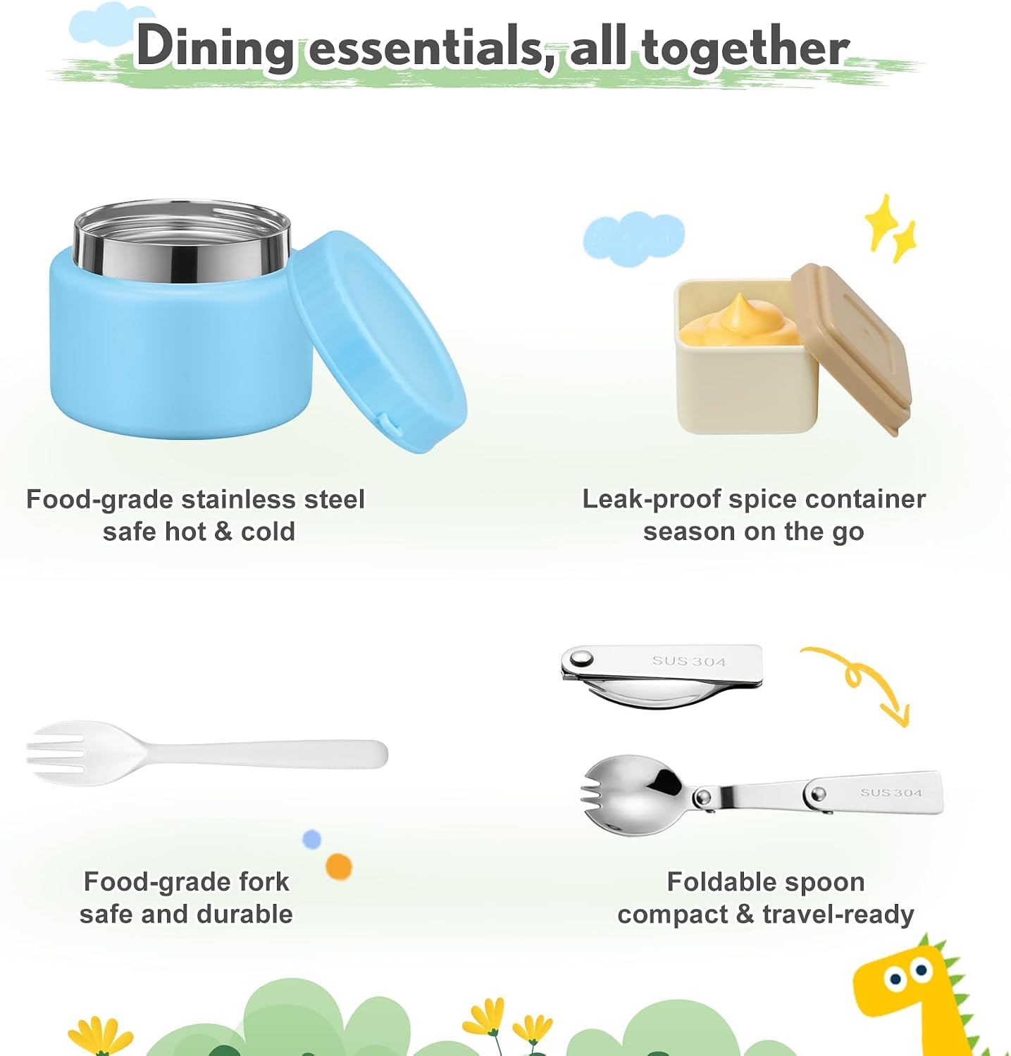 Lunch Box Kids with 5 Compartments, Insulated Food Jar & Utensils, Leak Proof Bento Box with Sauce Container, BPA-Free & Dishwasher Safe, Dinosaur Design(Purple)