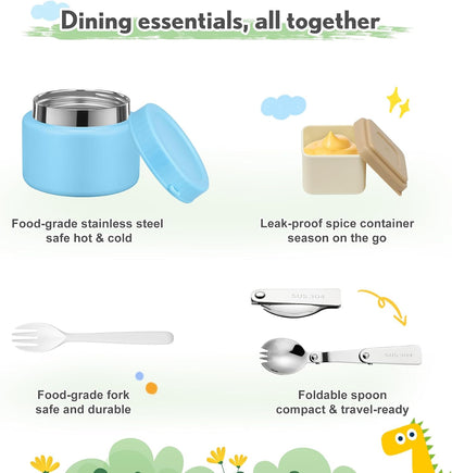 Lunch Box Kids with 5 Compartments, Insulated Food Jar & Utensils, Leak Proof Bento Box with Sauce Container, BPA-Free & Dishwasher Safe, Dinosaur Design(Purple)