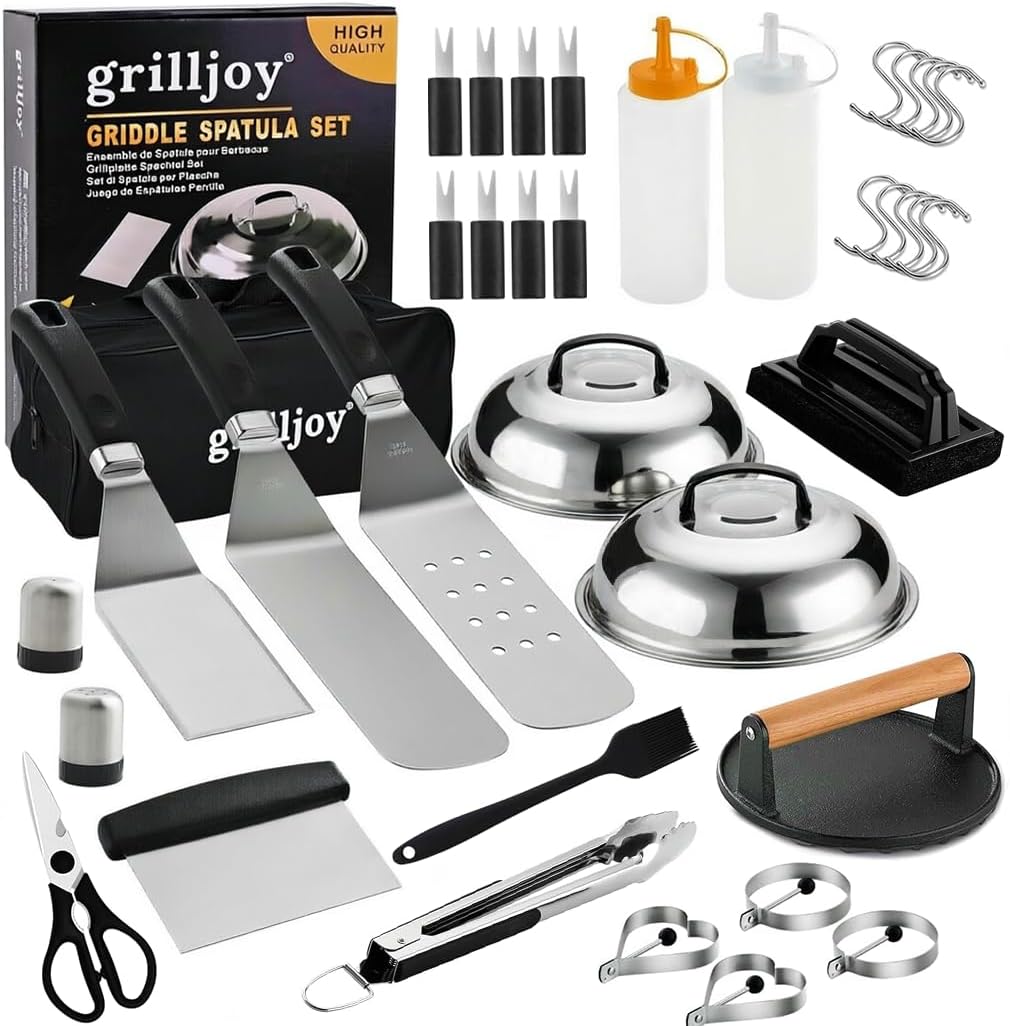 Grilljoy 38pcs Professional Griddle Accessories Kit for Blackstone, with Smash Burger Press, Extra Thick Griddle Spatula, Turner, Flipper - Flat Top Grill Accessories for Outdoor Grill