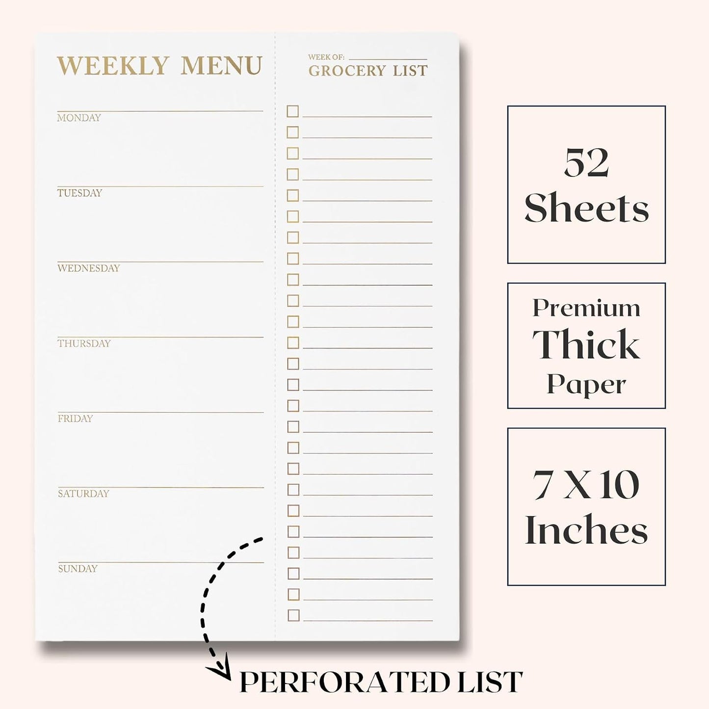 White Magnetic Meal Planner Notepad & Tear Off Weekly Grocery List for Fridge - Grocery Shopping List Notepad – Dinner List for Refrigerator - White and Gold Metalic Planner with 52 Sheets - 7 x 10 Inch