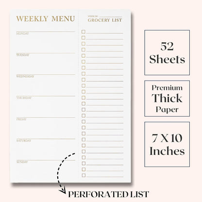 White Magnetic Meal Planner Notepad & Tear Off Weekly Grocery List for Fridge - Grocery Shopping List Notepad – Dinner List for Refrigerator - White and Gold Metalic Planner with 52 Sheets - 7 x 10 Inch