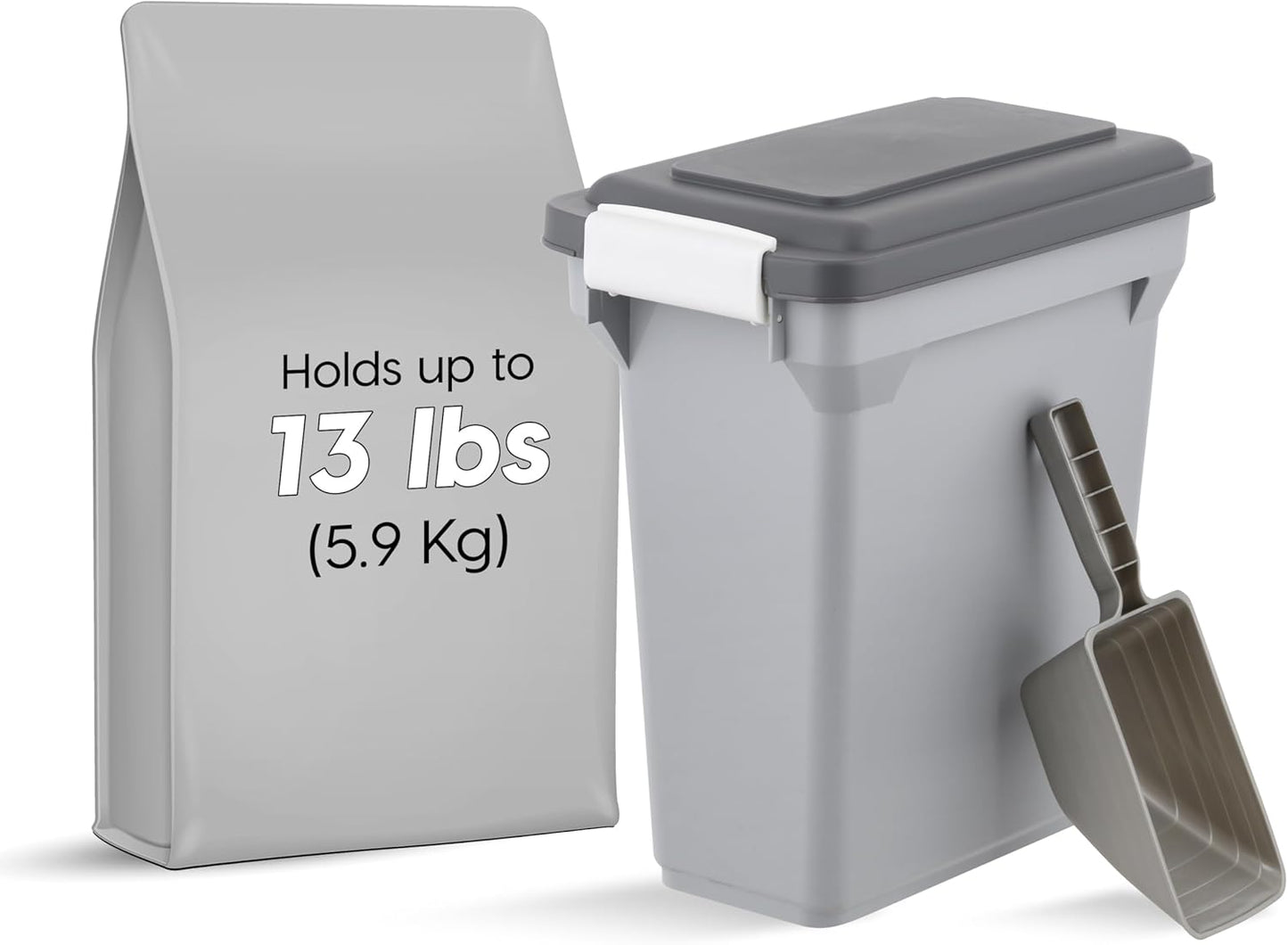 IRIS USA Dog Food Storage Container, Airtight Lid, 2-Cup Scoop, Up to 13 Pounds Pet Food Storage, Versatile Pet Food Bin, Treats, BPA Free, Dark Gray