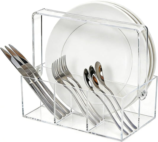 Acrylic Silverware Organizer, Utensil Holder-Heavy-Duty Countertop, Cutlery and Flatware for Spoons, Forks, Knives, Napkins, Plates, Buffet, Picnic Party