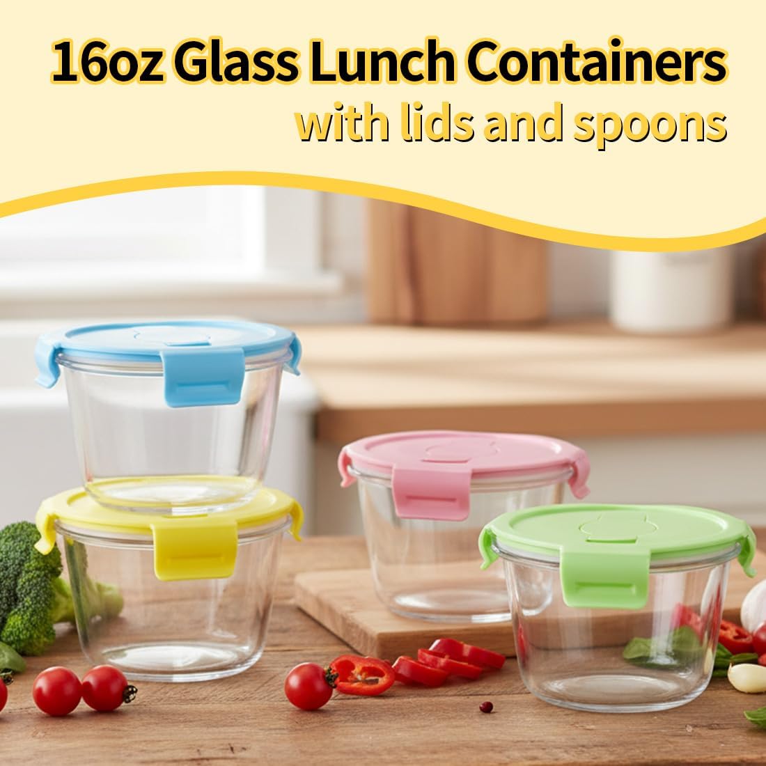 Small Round Glass Food Storage Containers with Lids, 1.5 Cup Round Food Containers set BPA-Free, 12oz Glass Lunch Bowls for Soup Leftover, Microwave, Dishwasher and Freezer Safe (4pack)