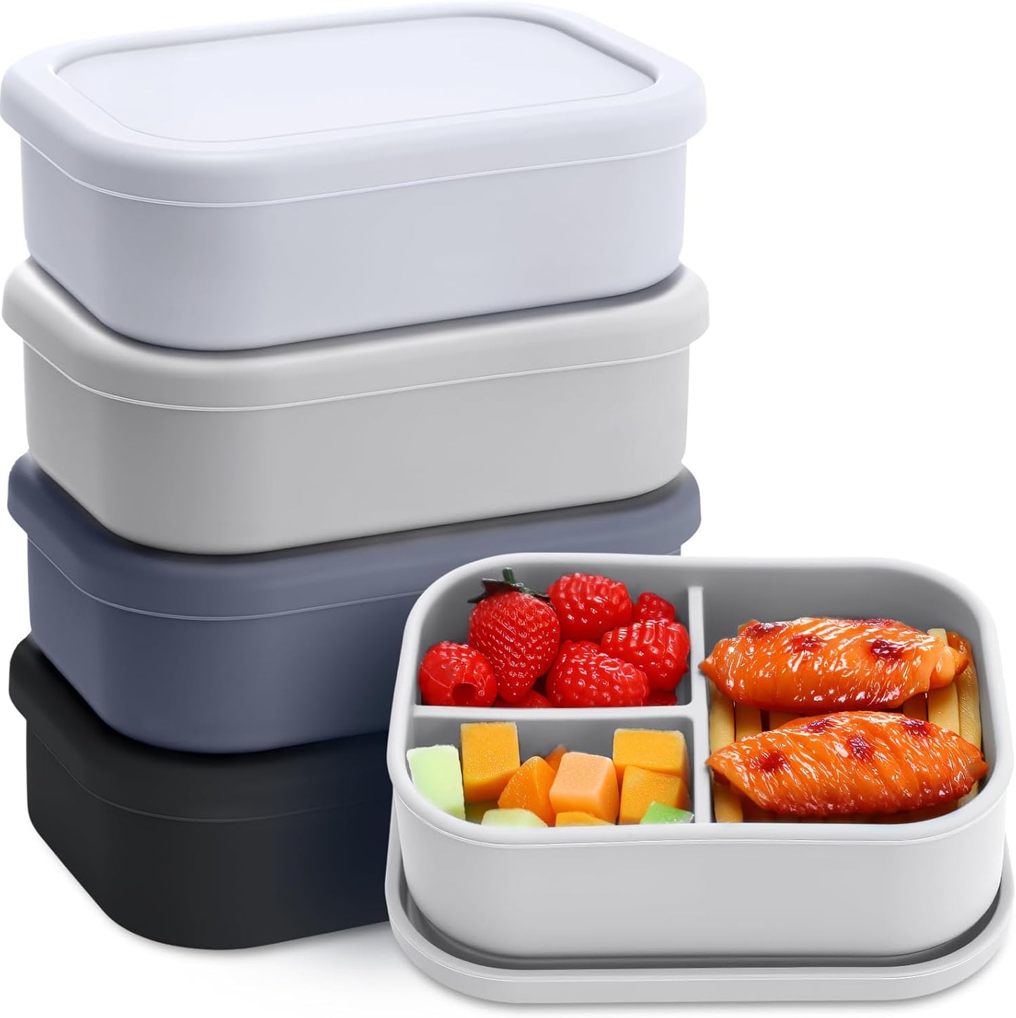 Honeydak 6 Pcs Silicone Bento Box Reusable Silicone Bento Lunch Container for Adults Microwave Dishwasher Freezer Safe 3 Compartment (Light Colors)