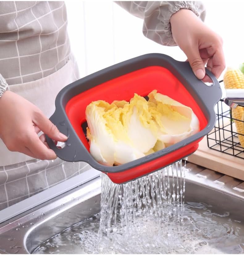 NIWWIN Pack of 2 Foldable Pasta Strainers, Foldable Kitchen Colander for Draining Fruit, Kitchen Silicone Adjustable Filter Vegetables Fruit Baskets,Portable Sink Washing Up Bowl (Red)