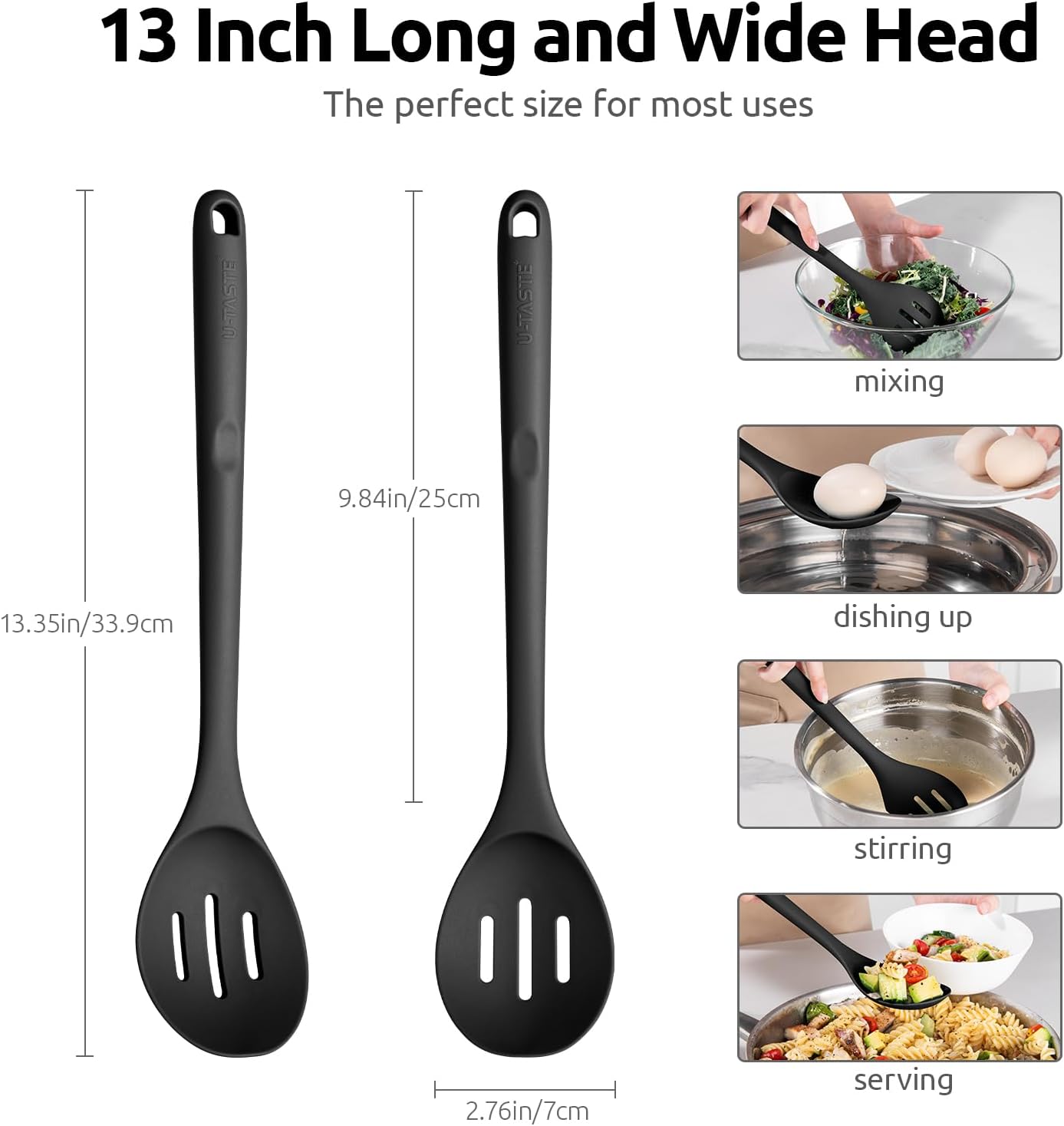 600ºF Heat Resistant Silicone Spoons: U-Taste 13.3in Solid & Slotted Kitchen Cooking Tool, Nonstick Long Rubber Utensil, Sturdy for Mixing, Serving, Stirring, Frying, Basting (Aqua Sky, 2PCS)