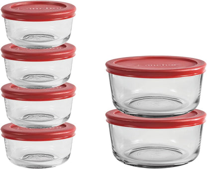 Anchor Hocking 12 Piece Glass Storage Containers with Lids (6 Glass Food Storage Containers & 6 Navy Blue SnugFit Lids)