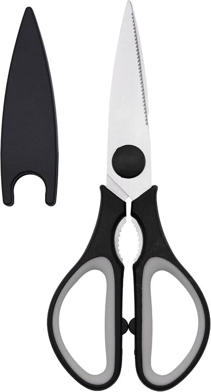 Grip Multi-Purpose Stainless Steel Kitchen Scissors - Non-Slip TPR Grip - Serrated Blade - Cuts Meat, Vegetables, Fish, Poultry, Fruits, Pizza - Nut cracker/Bottle opener - Dishwasher Safe (Blk/Grey)