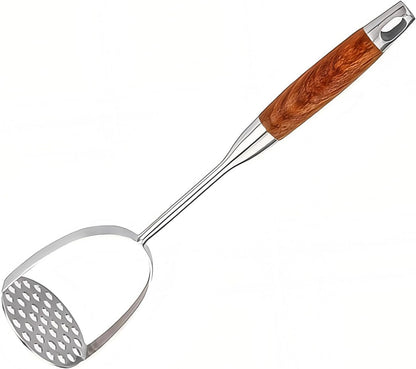 13.5" Stainless Steel Potato Masher with Wooden Handle - Heavy Duty Metal Masher for Mashed Potatoes, Avocado, Beans & Sweet Potato - Commercial & Home Kitchen Utensil (Dishwasher Safe)