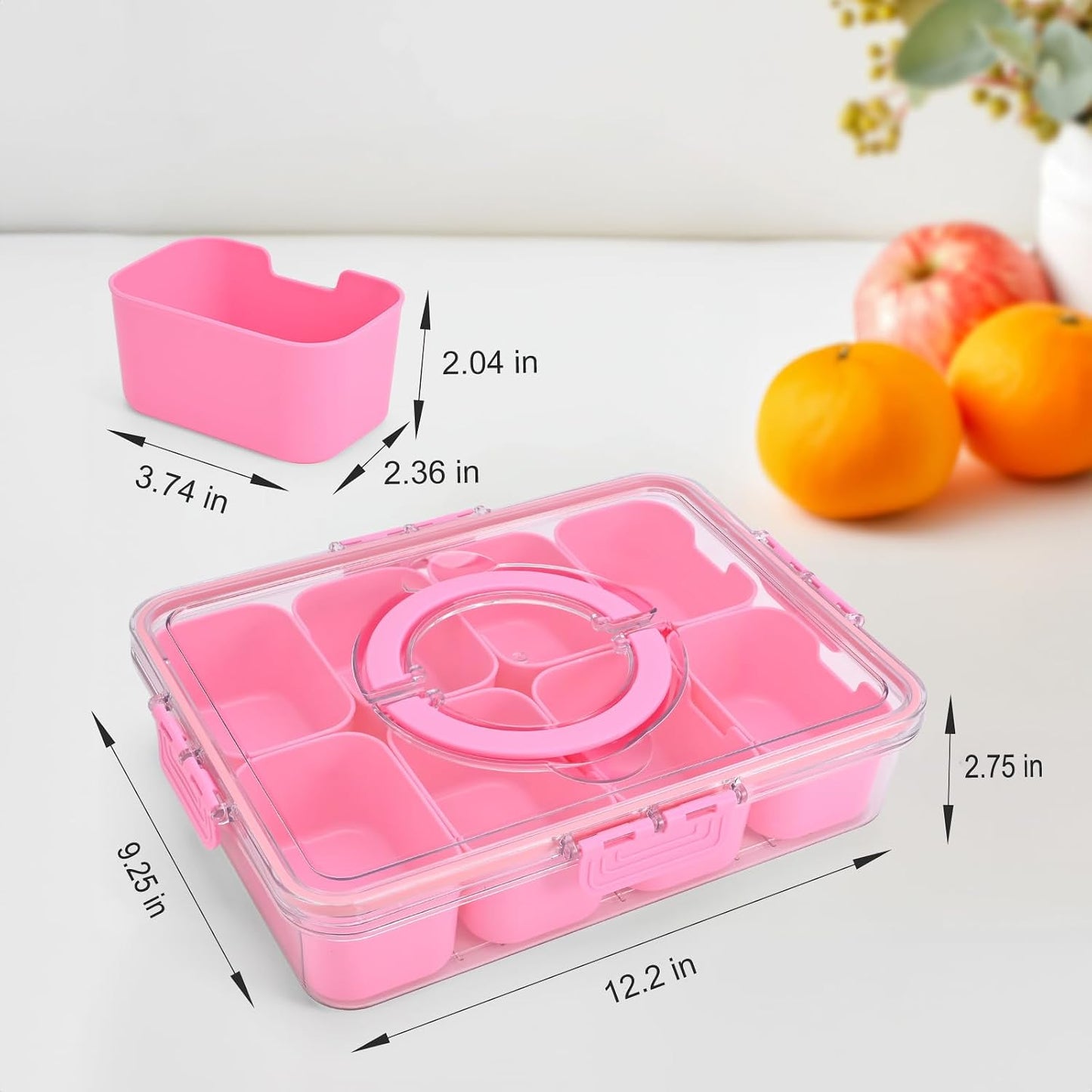 Snackle Box Container, 8 Compartment Divided Serving Tray with Lid and Handle, Snack Box Container for Candy, Fruit and Snacks, Great for Gatherings, Outings, Parties and Entertaining（Pink）