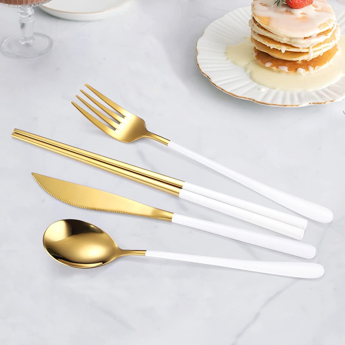 AARAINBOW 6 Pieces 18/8 Stainless Steel Flatware Set Portable Reusable Cutlery Set Travel Utensils Set Including Chopsticks Knife Fork Spoon Straws Cleaning Brush Dishwasher Safe (Green golden)