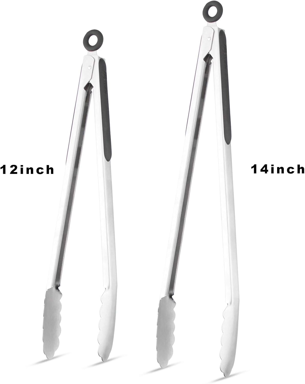 304 Stainless Steel Kitchen Cooking Tongs, 9" and 12" Set of 2 Sturdy Grilling Barbeque Brushed Locking Food Tongs with Ergonomic Grip, Black