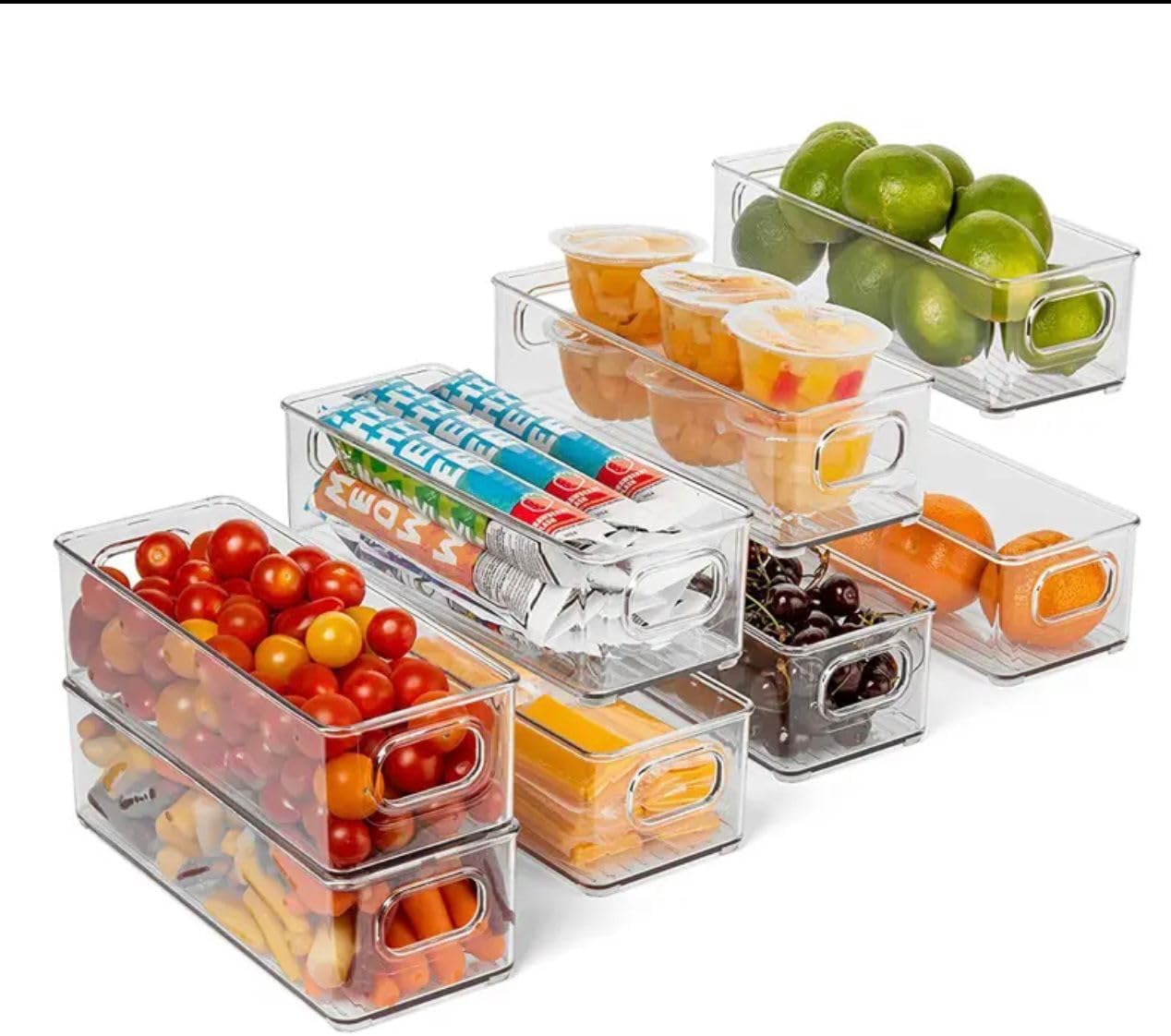 Generic Set of 6 Plastic Clear Fridge Organizer Bins with strudy handles, BPA free, Pantry Organizers, kitchen organization. Bedroom and Bathroom organizers. Great for organization, Medium