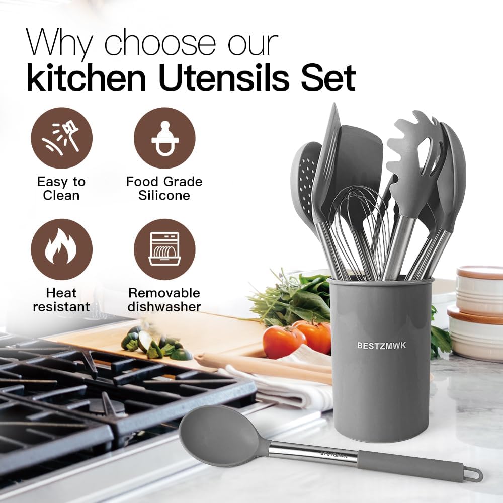 Kitchen Utensils Set-Silicone Cooking Utensils-33pcs Non-Stick Silicone Cooking Kitchen Utensils Spatula Set with Holder-Best Kitchen Cookware with Stainless Steel Handle (Khaki)