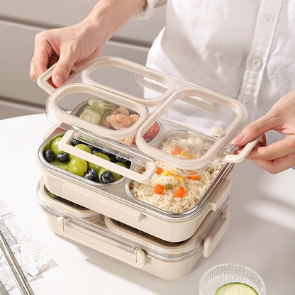 25oz 18/8 Stainless Steel Lunch Box Kit (Bento Box + Fork/Spoon) - 3 Leakproof Compartments - Metal Snack Box for Kids & Adults - School/Office/Travel - Dishwasher Safe (Beige)