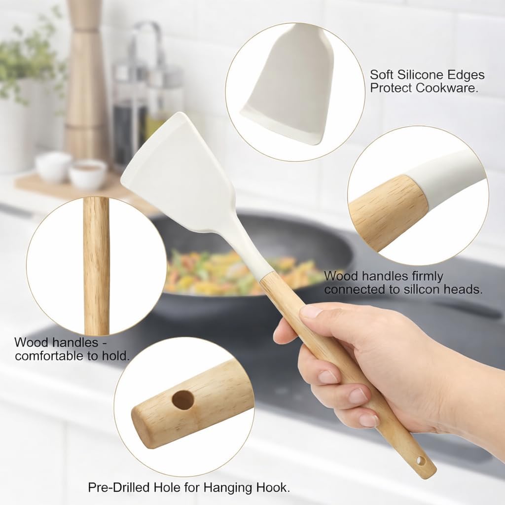 Silicone Kitchen Utensil Set with Holder, 12-Piece Heat-Resistant BPA-Free Non-Stick Cooking Tools with Wooden Handles, Includes Spatula, Spoon, Slotted Spoon, Whisk, Tongs & Brush
