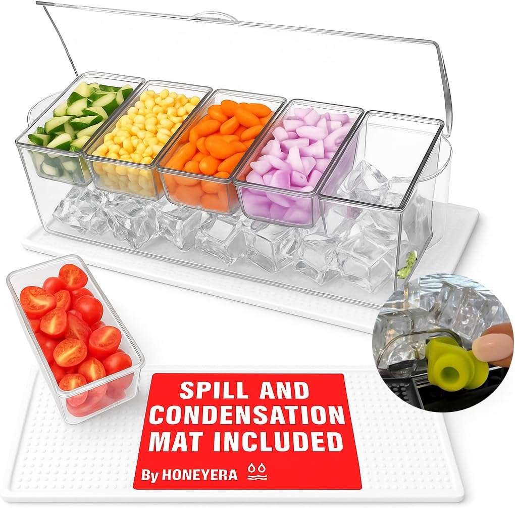 Honeyera Chilled Condiment Server | Hosting Essentials for Up to 80 Oz of Ice | Mimosa Bar Supplies Drain Plug | BPA-Free Taco Bar/Salad Bar | Food-Safe Condiment Caddy (Parent) (White, 2 Pack)