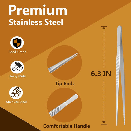 Plating Tweezers 6.3-Inch Culinary Kitchen Tweezer Tongs, Stainless Steel Chef Tweezers