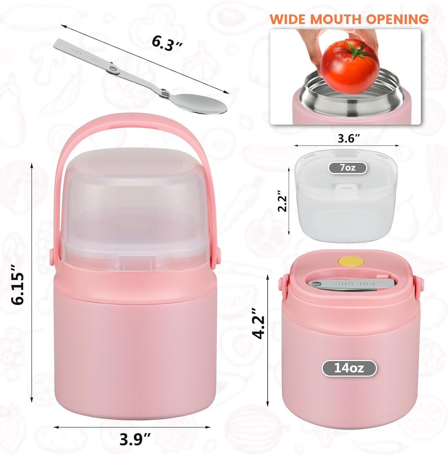 2 - in - 1 Soup Thermo for Hot Food 14oz with Snack Box Container Leak Proof Insulated Lunch Container Kids and Adults Stainless Steel Double Wall Vacuum Wide-mouth Thermal with Spoon and Handle