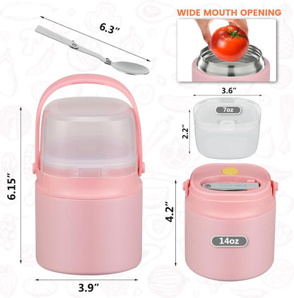 2 - in - 1 Soup Thermo for Hot Food 14oz with Snack Box Container Leak Proof Insulated Lunch Container Kids and Adults Stainless Steel Double Wall Vacuum Wide-mouth Thermal with Spoon and Handle