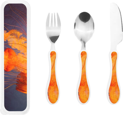 3-Piece Kids Silverware Set With Storage Case, Stainless Steel Reusable Children Safe Knife Spoon Fork Set Blue Active Girl Running Sunset Children Flatware Set For Kids Lunch Box - Colors C