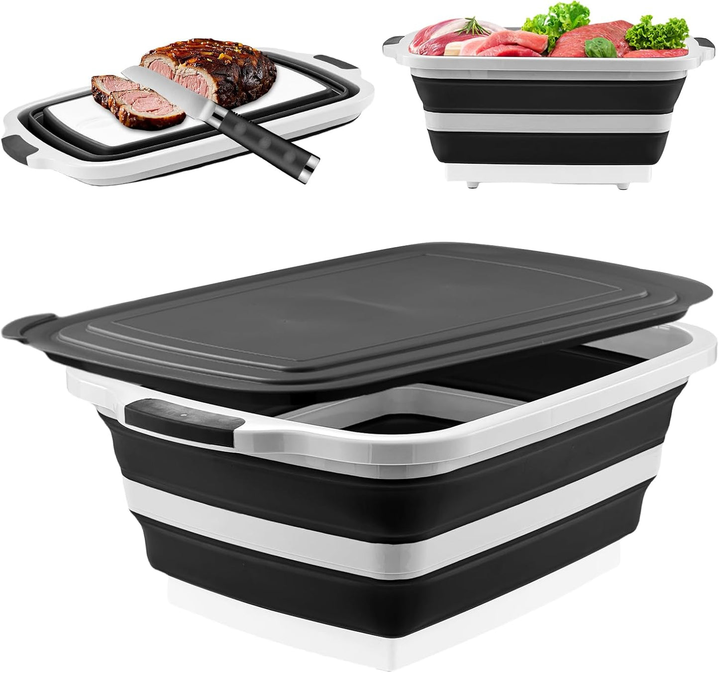 Collapsible Cutting Board with BBQ Prep Tub and Lid, Foldable Food Prep Container for Meal Prep, Marinating, Food Storage, Grilling, Camping and Outdoor Cooking, Dishwasher Safe, Black XX-Large
