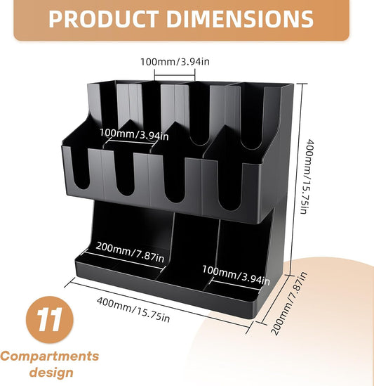 Commercial Cup and Lid Holder with Straw Organizer,Disposable Coffee Cup Condiment Dispenser for Countertop Org, Coffee Bar, Beverage Cup, Kitchen, Breakroom (11 Compartment Upright)