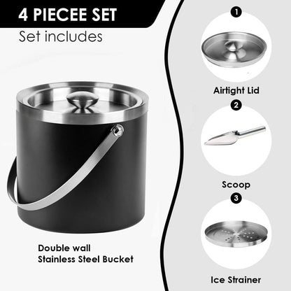 3L beige white Double Wall Insulated Stainless Steel Ice Bucket with scoop for Cocktail Bar,Metal Ice Bucket for freezer with Lid for parties.ice Container to Keep Ice Colder,bar cart accessories