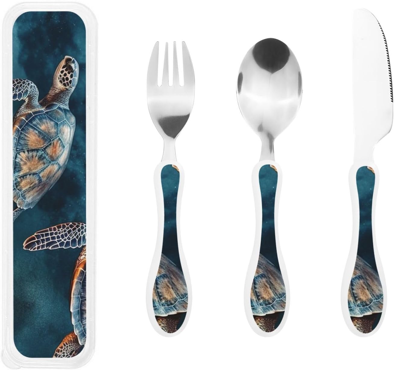 Stainless Steel Kids Silverware Set, Turtle Swimming In The Sea Utensil Set Reusable Children Safe Knife Spoon Fork Set With Storage Case Dishwasher Safe For Lunch, Travel Outdoors