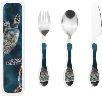 Stainless Steel Kids Silverware Set, Turtle Swimming In The Sea Utensil Set Reusable Children Safe Knife Spoon Fork Set With Storage Case Dishwasher Safe For Lunch, Travel Outdoors
