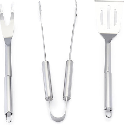 Amazon Basics 4-Piece Stainless Steel BBQ Grilling Tool Set with Carry Bag, Rust-Resistant, Dishwasher Safe
