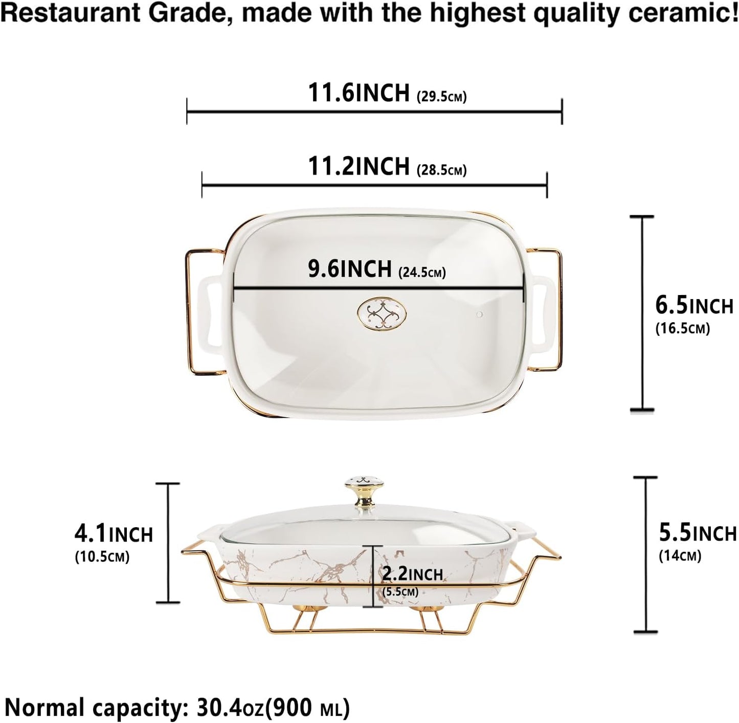 13" x 9" Ceramic Casserole Dish with Glass Lid and rack, 2.2 Quart Serving Soup Tureen,Chafing Dish for Buffet, Family Food preserve Tray, Catering Casserole for Party Style