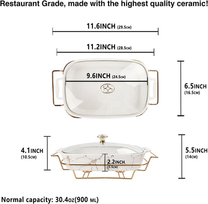 13" x 9" Ceramic Casserole Dish with Glass Lid and rack, 2.2 Quart Serving Soup Tureen,Chafing Dish for Buffet, Family Food preserve Tray, Catering Casserole for Party Style