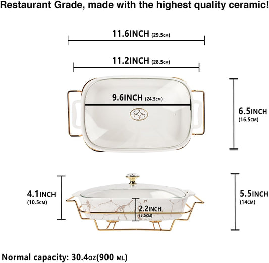 13" x 9" Ceramic Casserole Dish with Glass Lid and rack, 2.2 Quart Serving Soup Tureen,Chafing Dish for Buffet, Family Food preserve Tray, Catering Casserole for Party Style