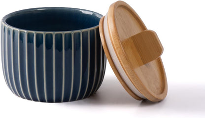 Salt Cellar Keeper with Bamboo Lid, 14oz Big Capacity Ceramic Sugar Bowls Pepper Box, Crackle Glaze Seasoning Container Condiment Pot for Kitchen (Blue Color)