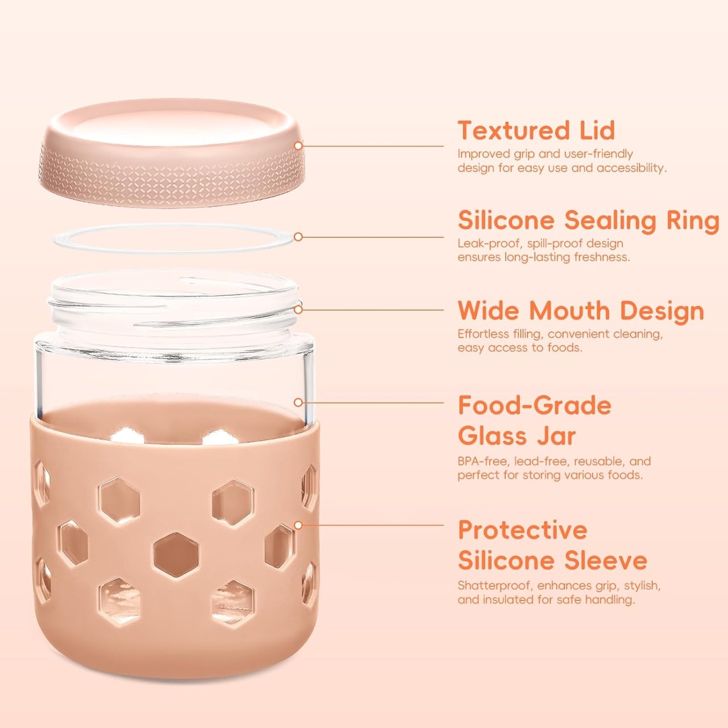 Gemice 6-Pack 10oz Glass Mason Jars with Silicone Sleeves, Airtight BPA-Free Overnight Oats Containers with Lids, Dishwasher Safe Leak-Proof Meal Prep Jars for Chia Pudding, Yogurt, Snacks