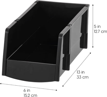 IRIS USA Extra Large Stackable Storage Bins, 6-Pack, 13"L x 10"W x 8"H, |Made in USA|, Plastic Open Front Shelf Bin for Organizing Parts, Hardware, Tools, Supplies, Garage Shelf, Pantry - Black