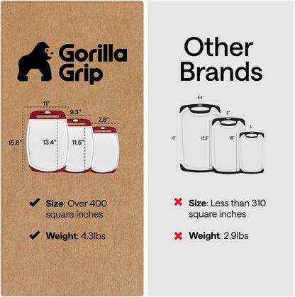 GORILLA GRIP BPA-Free Reversible Kitchen Cutting Board Set of 3, US Designed, Nonporous, Juice Grooves Catch Liquid, Slip Resistant Border, Dishwasher Safe, Durable Large Food Chopping Boards, Black