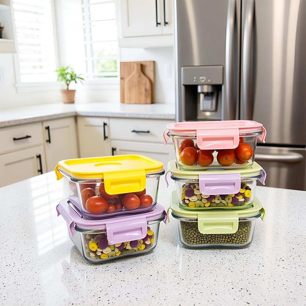 8 Pcs Square Glass Food Storage Container with Lids, 16OZ Square Glass Meal Prep Containers Set, 2 Cup glass Food Storage for Lunch Salad, Microwave, Oven, Freezer, Dishwasher Safe (4 Pack)