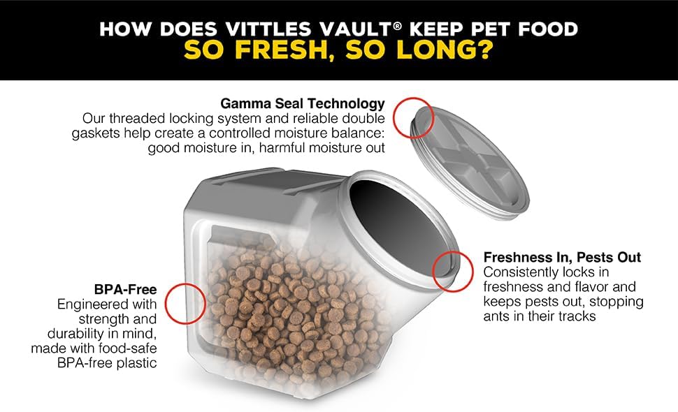 Vittles Vault Traditional Pet Food Storage Container For Dog Kibbles/Bird Seed/Oatmeal/Rice/Flour/Cereal, BPA Free Plastic, Sealed Airtight For Cat Food, Up To 30 lb, Made in USA, With Scoop, Gray