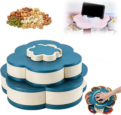 10-Grid Petal Rotating Snack Tray with Lid, Portable Divided Snackle Box Container for Party, Picnic and Camping, 360° Smooth Spinning Fruit Platter for Nuts, Fruits and Candy (C)