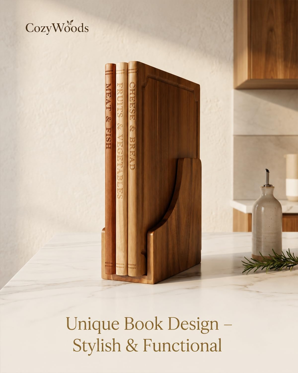 Book Cutting Board Set with Stand,3-Piece Real Hardwood Kitchen Boards