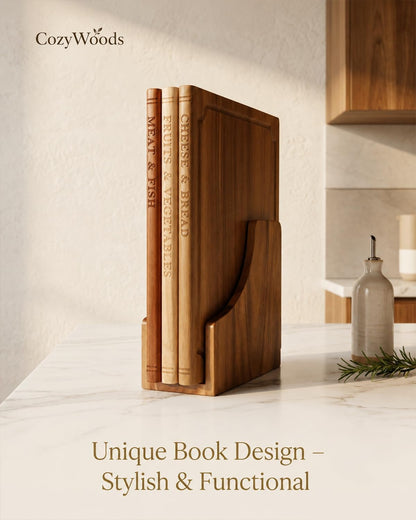 Book Cutting Board Set with Stand,3-Piece Real Hardwood Kitchen Boards