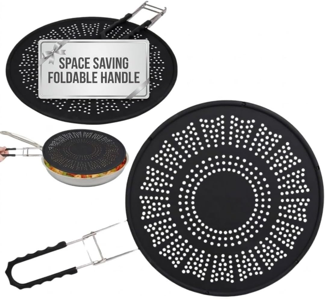 XL 11.5" Silicone Splatter Screen Shield- Multi Use Pan Cover with Foldable Handle & Built in Water Strainer- Protect from Oil, Grease with Shield Guard- Fits Most Kitchen Frying Pans, Heat Resistant