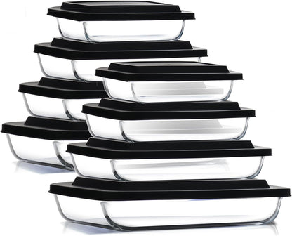 EATEX 8-Piece Deep Glass Casserole Dishes for Oven with Plastic Lids, Glass Baking Dishes for Oven, Rectangular Bakeware for Lasagna, Cooking, Leftovers, Kitchen, Freezer to Oven Dishwasher Safe