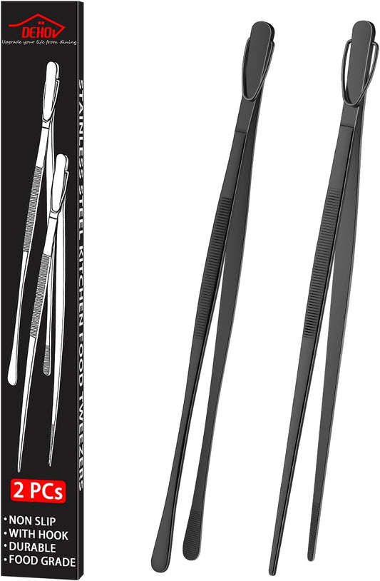 DEHOV 12 Inch Gold Stainless Steel Kitchen Tweezers For Cooking Tongs Set of 2, Metal Long Food Tweezers, BBQ Grill Tongs For Pasta